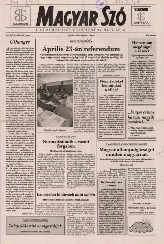 Magyar Szó, 55. évf. 1998. április 7. 84. sz. 1–16. oldal