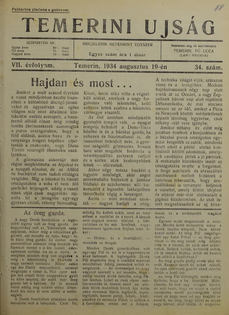 Temerini Újság 1928-1944, 7. évf. 1934. augusztus 19. 34. sz.