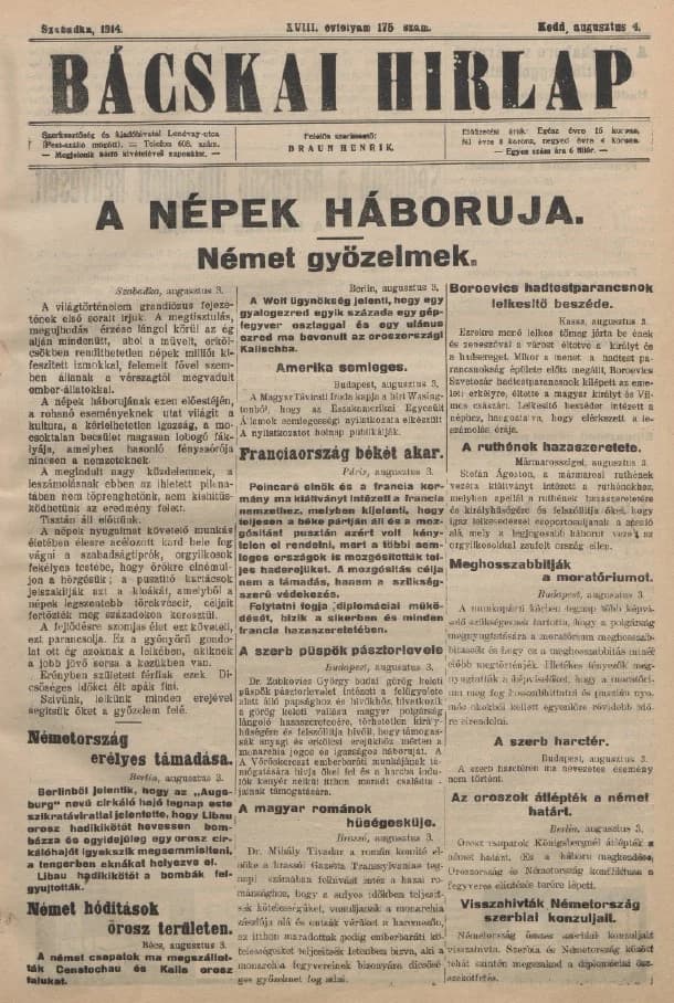 Bácskai Hirlap, 18. évf. 1914. augusztus 4. 175. sz.