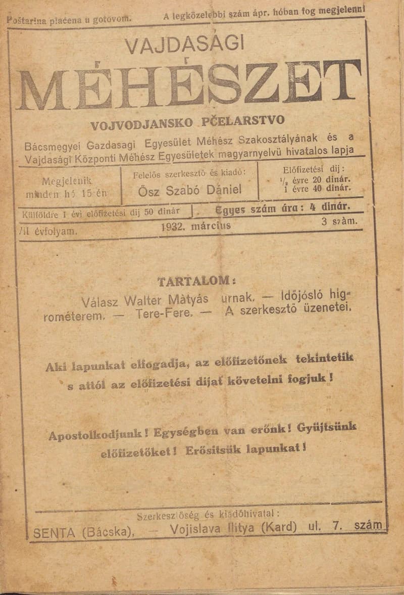 Vajdasági méhészet, 7. évf. 1932. március 1. 3. sz.