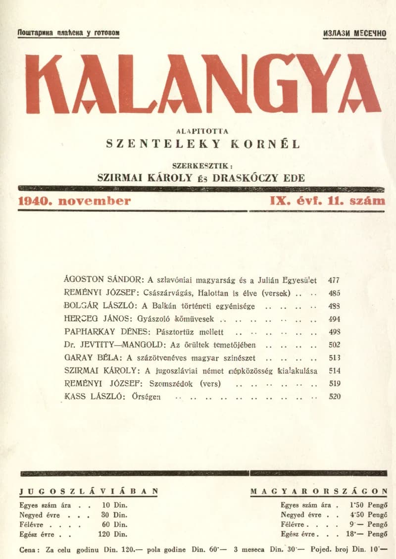 Kalangya, 9. évf. 1940. november. 11. sz. 477–523. oldal