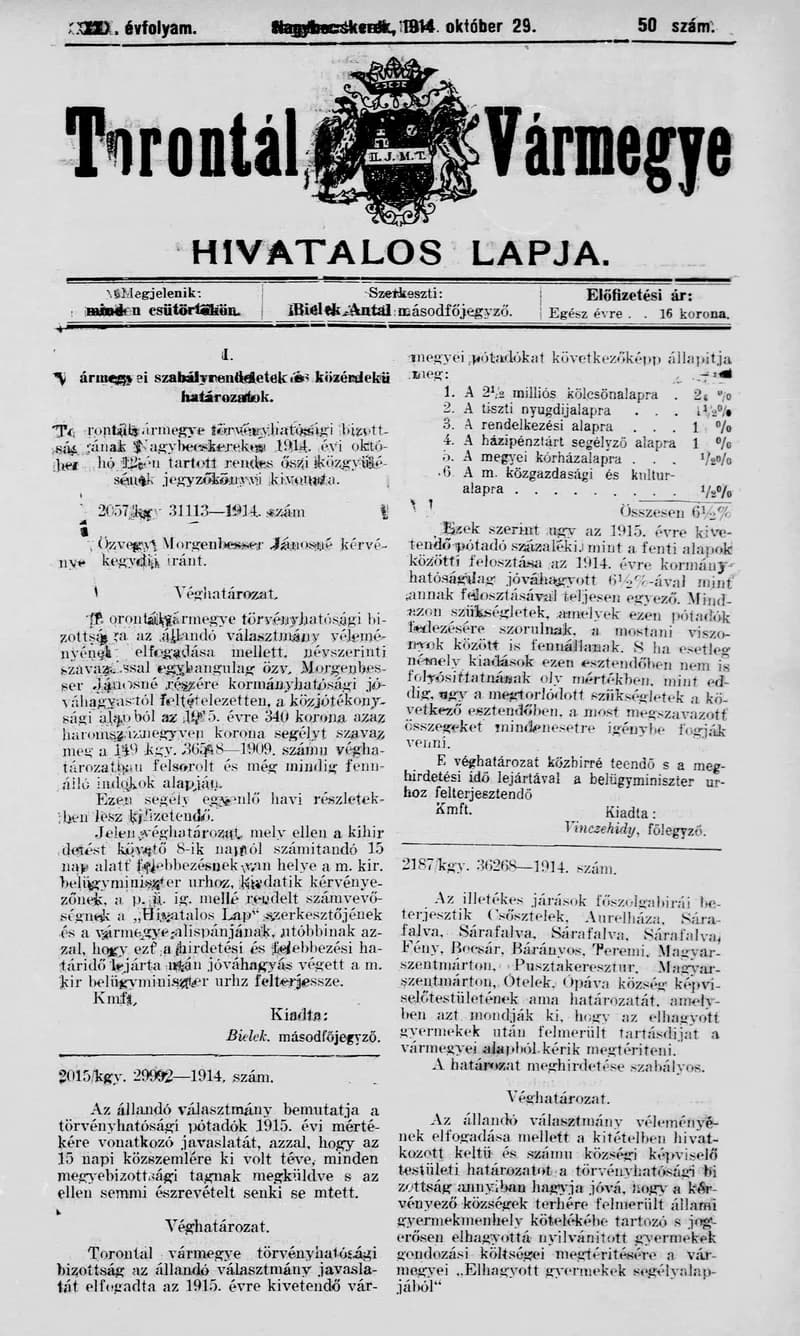 Torontál Vármegye Hivatalos Lapja, 30. évf. 1914. október 29. 50. sz.