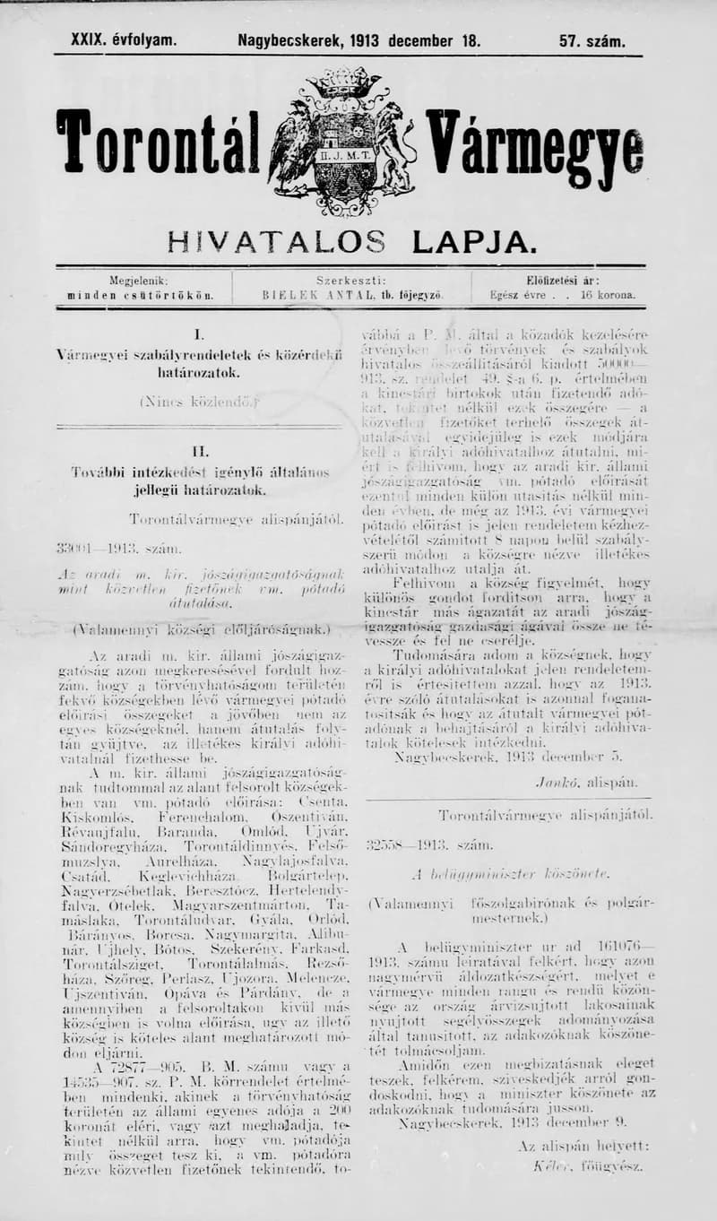 Torontál Vármegye Hivatalos Lapja, 29. évf. 1913. december 18. 57. sz.