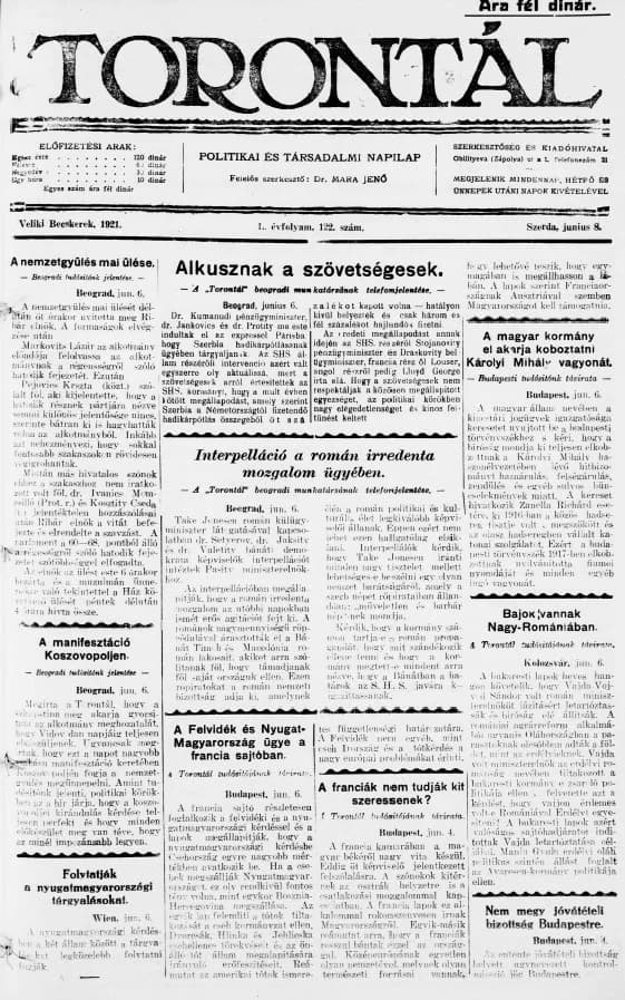 Torontál, 50. évf. 1921. június 8. 122. sz.