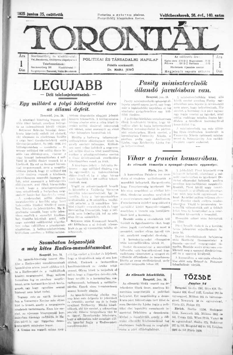 Torontál, 54. évf. 1925. június 25. 140. sz.