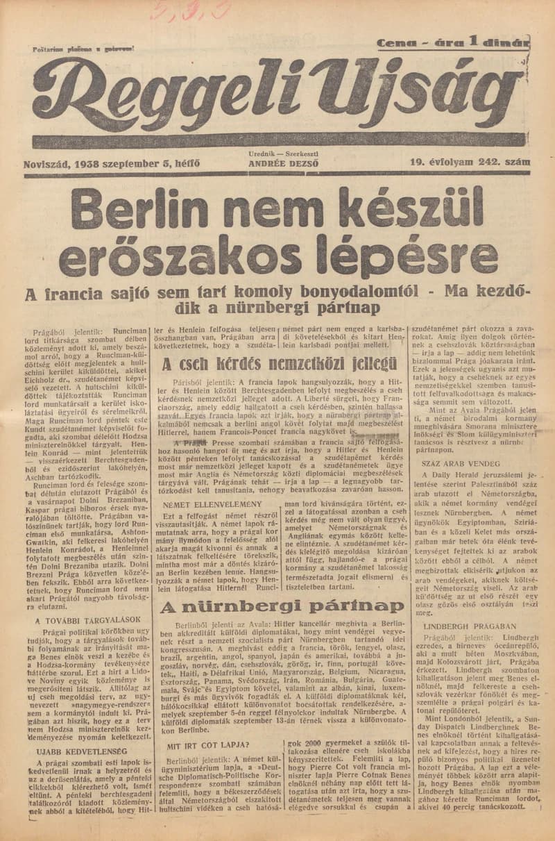 Reggeli Újság, 19. évf. 1938. szeptember 5. 242. sz.