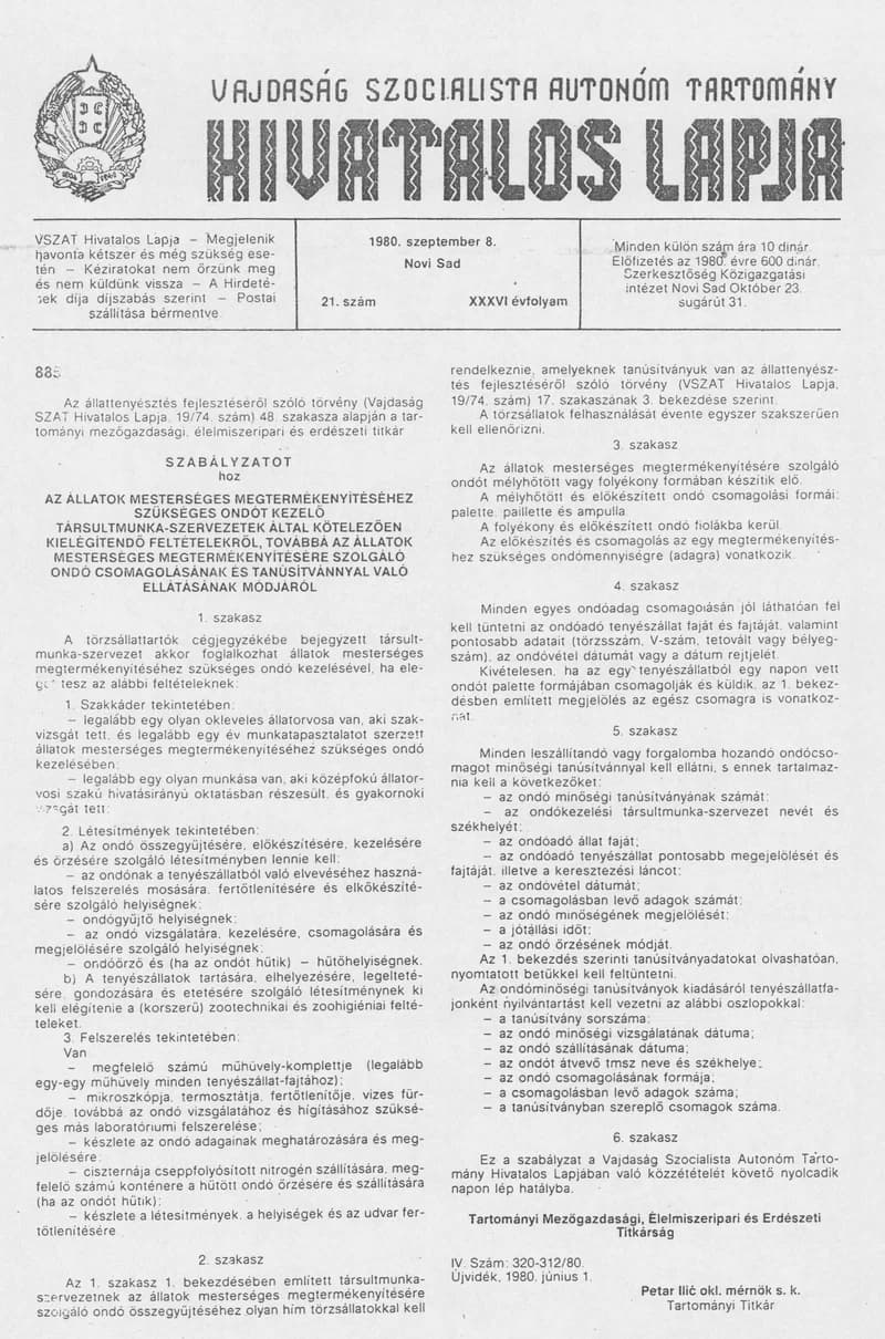 Vajdaság Szocialista Autonóm Tartomány Hivatalos Lapja, 36. évf. 1980. szeptember 8. 21. sz. 1043–1054. oldal
