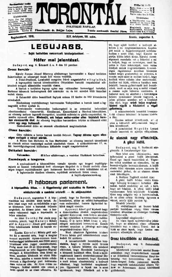 Torontál, 45. évf. 1916. augusztus 9. 181. sz.