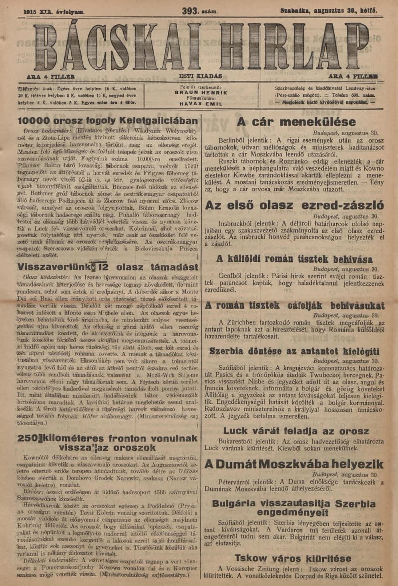 Bácskai Hirlap, 19. évf. 1915. augusztus 30. 393. sz.