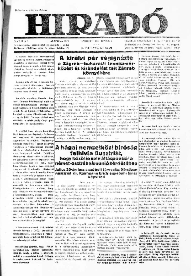 Híradó, 60. évf. 1931. június 6. 127. sz.