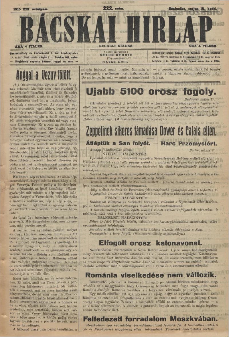 Bácskai Hirlap, 19. évf. 1915. május 18. 222. sz.