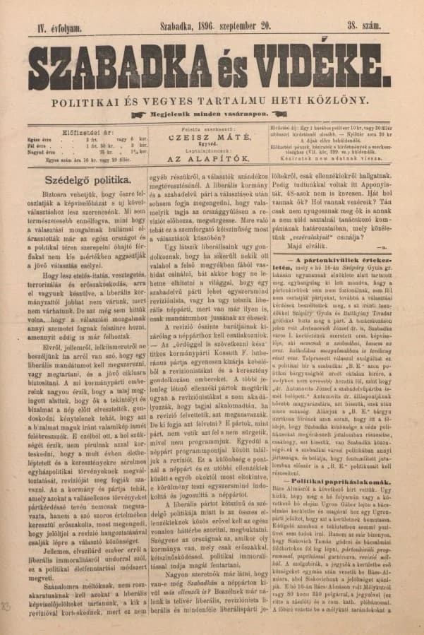 Szabadka és vidéke II, 4. évf. 1896. szeptember 20. 38. sz.