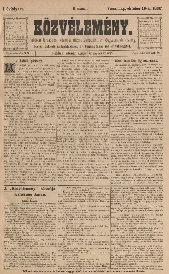 Közvélemény, 1. évf. 1886. október 10. 6. sz.