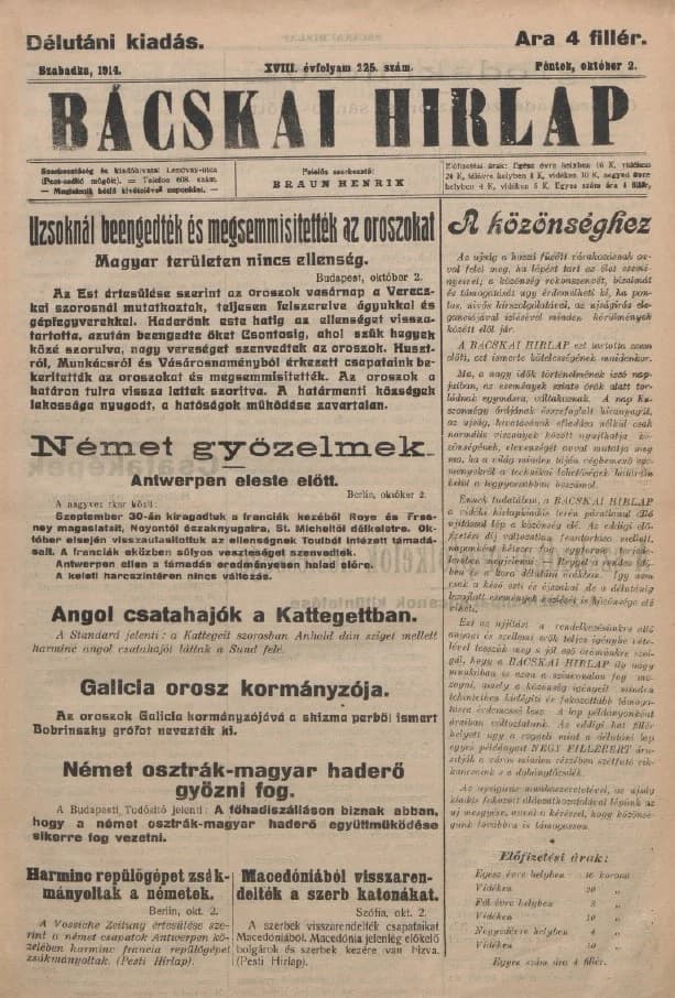 Bácskai Hirlap, 18. évf. 1914. október 2. 225. sz.