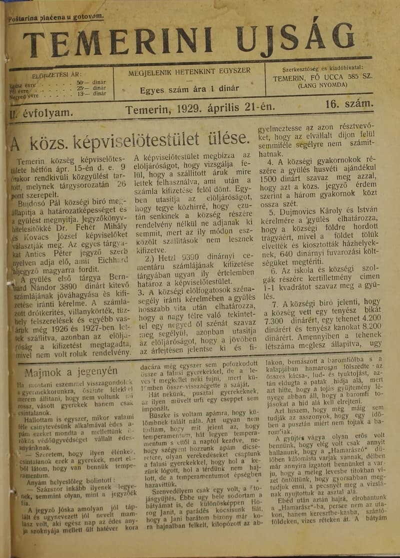 Temerini Újság 1928-1944, 2. évf. 1929. április 21. 16. sz.