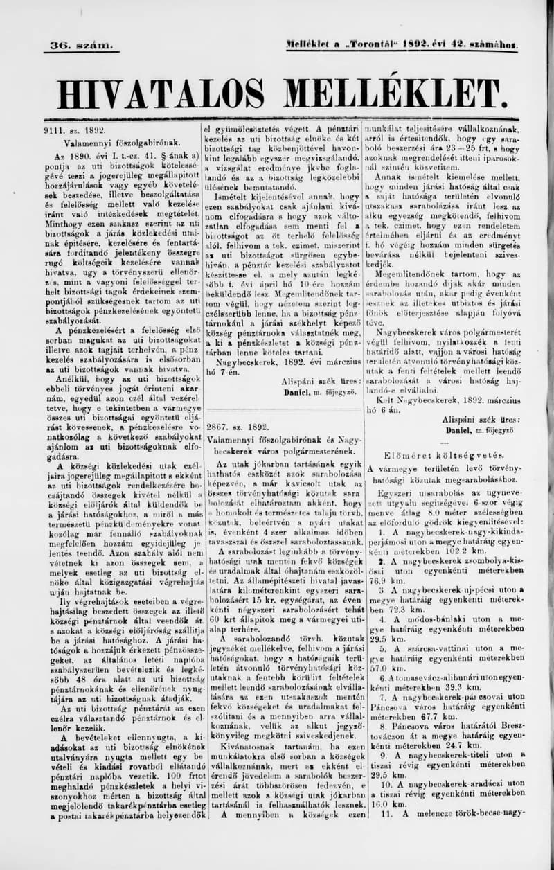 A Totontál  hivatalos melléklete, 5. évf. 1892. március 15. 36. sz.