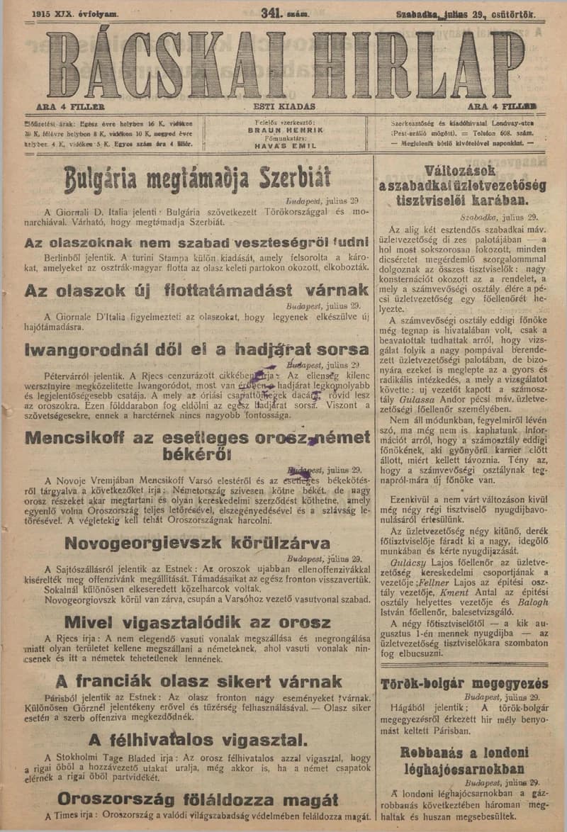 Bácskai Hirlap, 19. évf. 1915. július 29. 341. sz.
