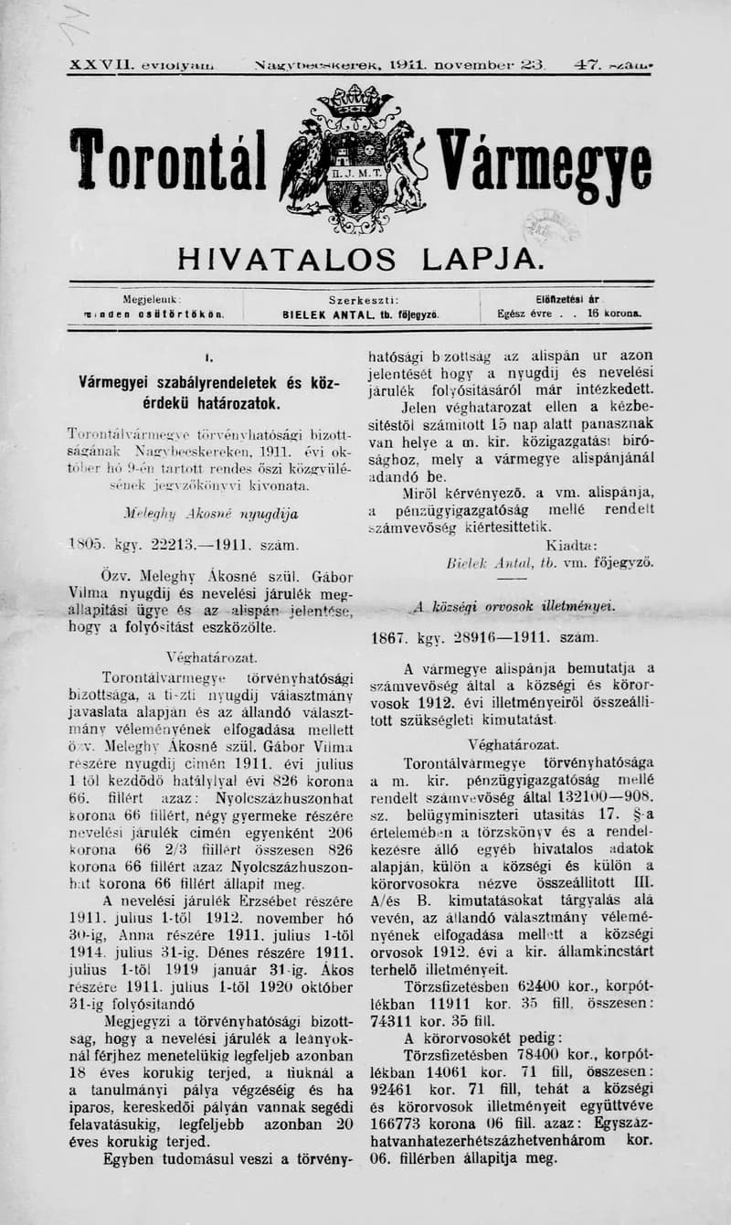 Torontál Vármegye Hivatalos Lapja, 27. évf. 1911. november 23. 47. sz.