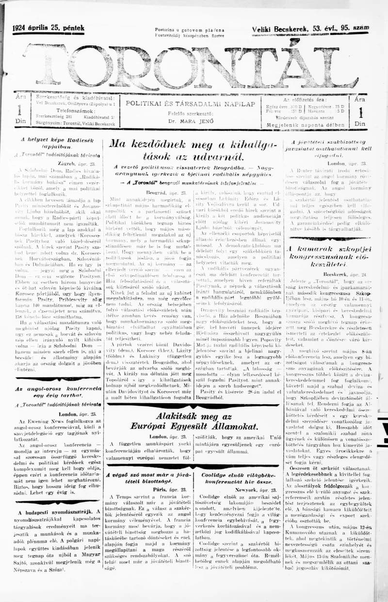 Torontál, 53. évf. 1924. április 25. 95. sz.