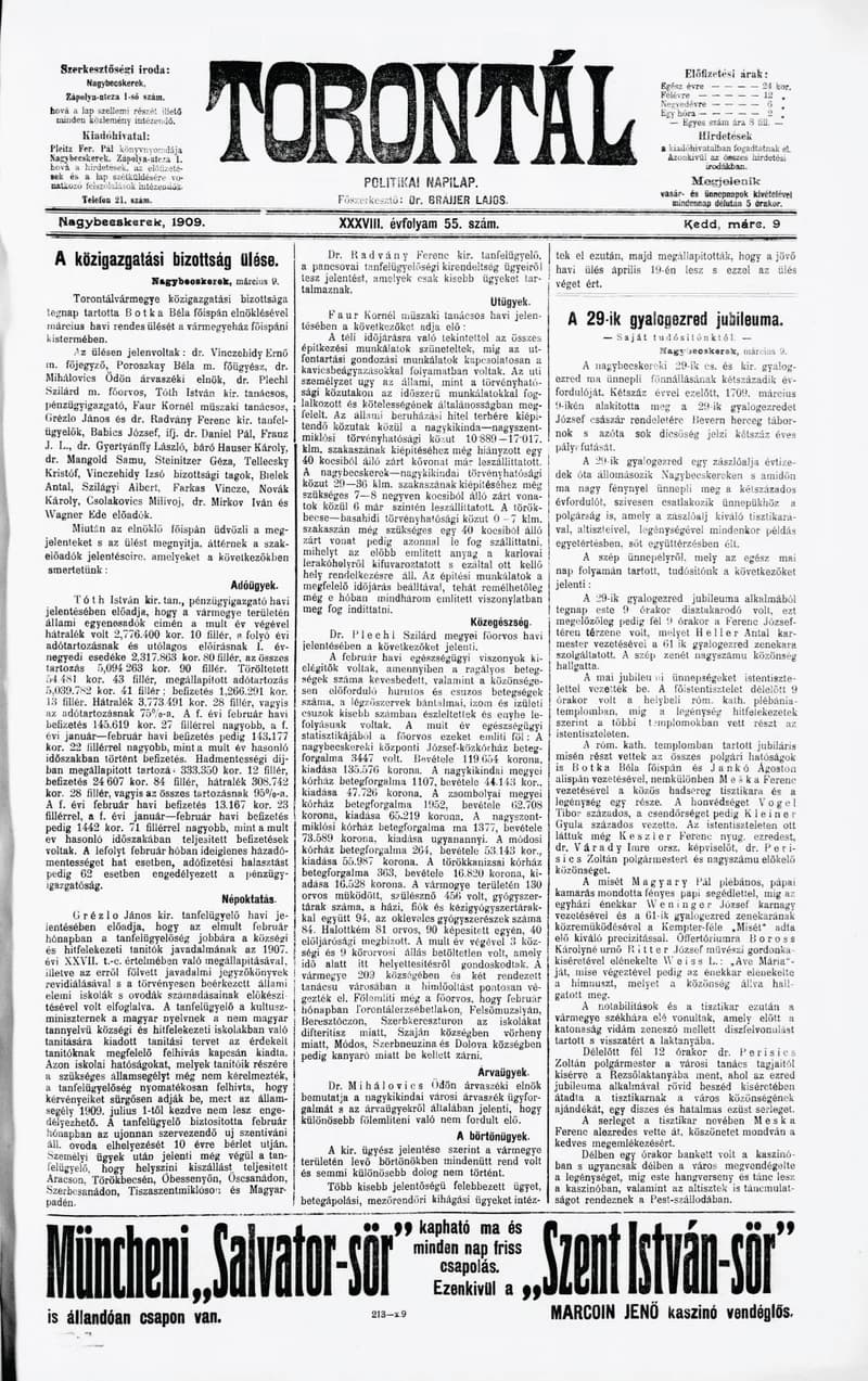 Torontál, 38. évf. 1909. március 9. 55. sz.