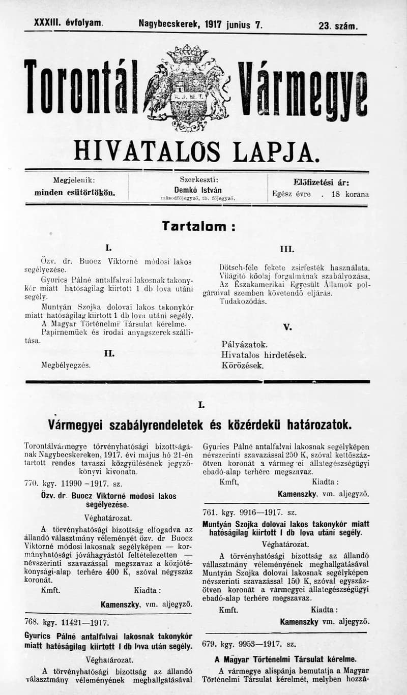 Torontál Vármegye Hivatalos Lapja, 33. évf. 1917. június 7. 23. sz.