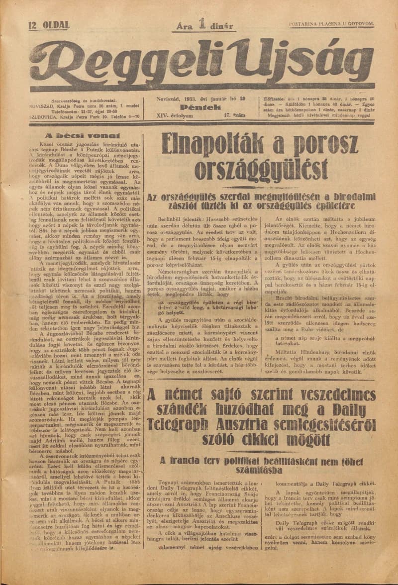 Reggeli Újság, 14. évf. 1933. január 20. 17. sz.