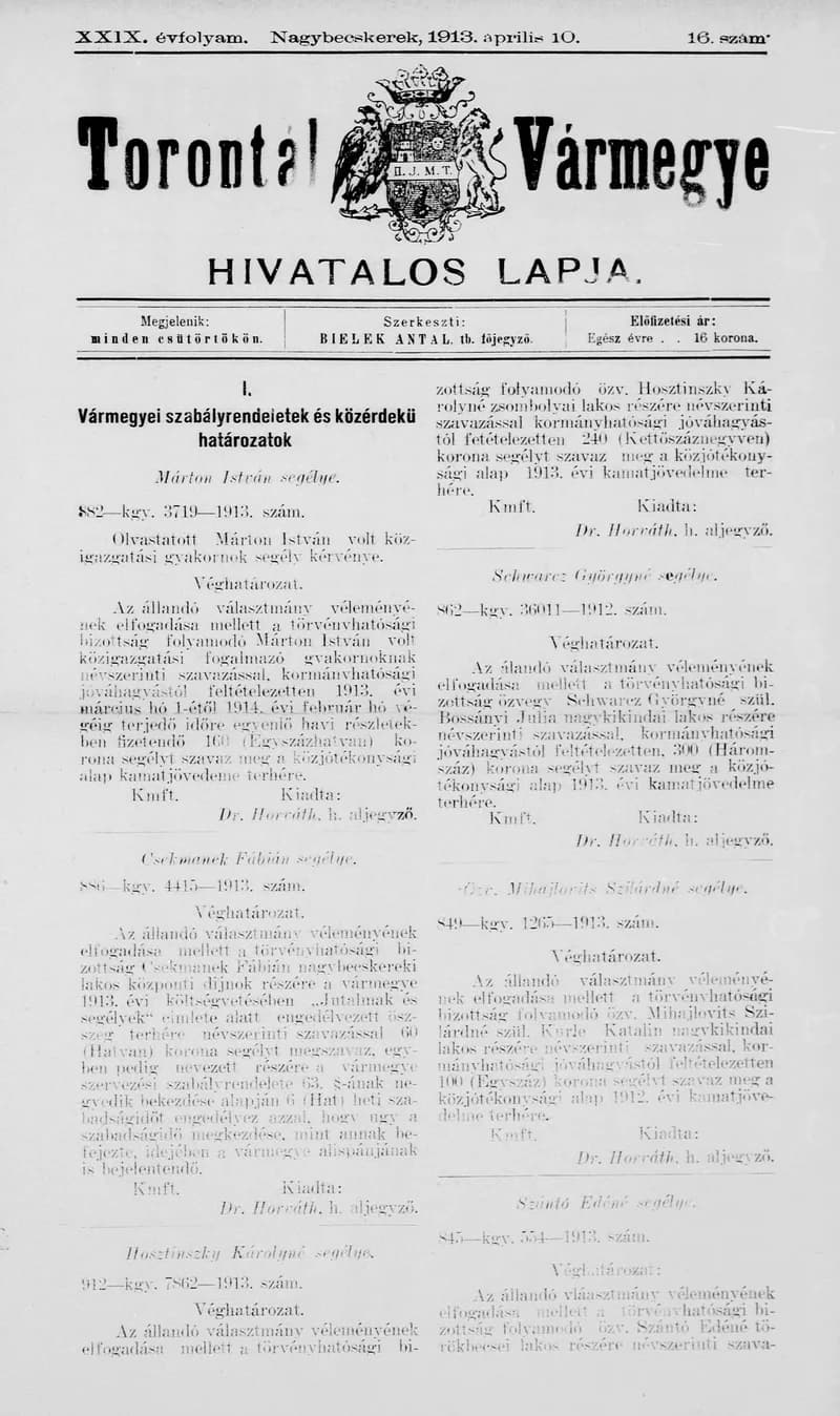Torontál Vármegye Hivatalos Lapja, 29. évf. 1913. április 10. 16. sz.