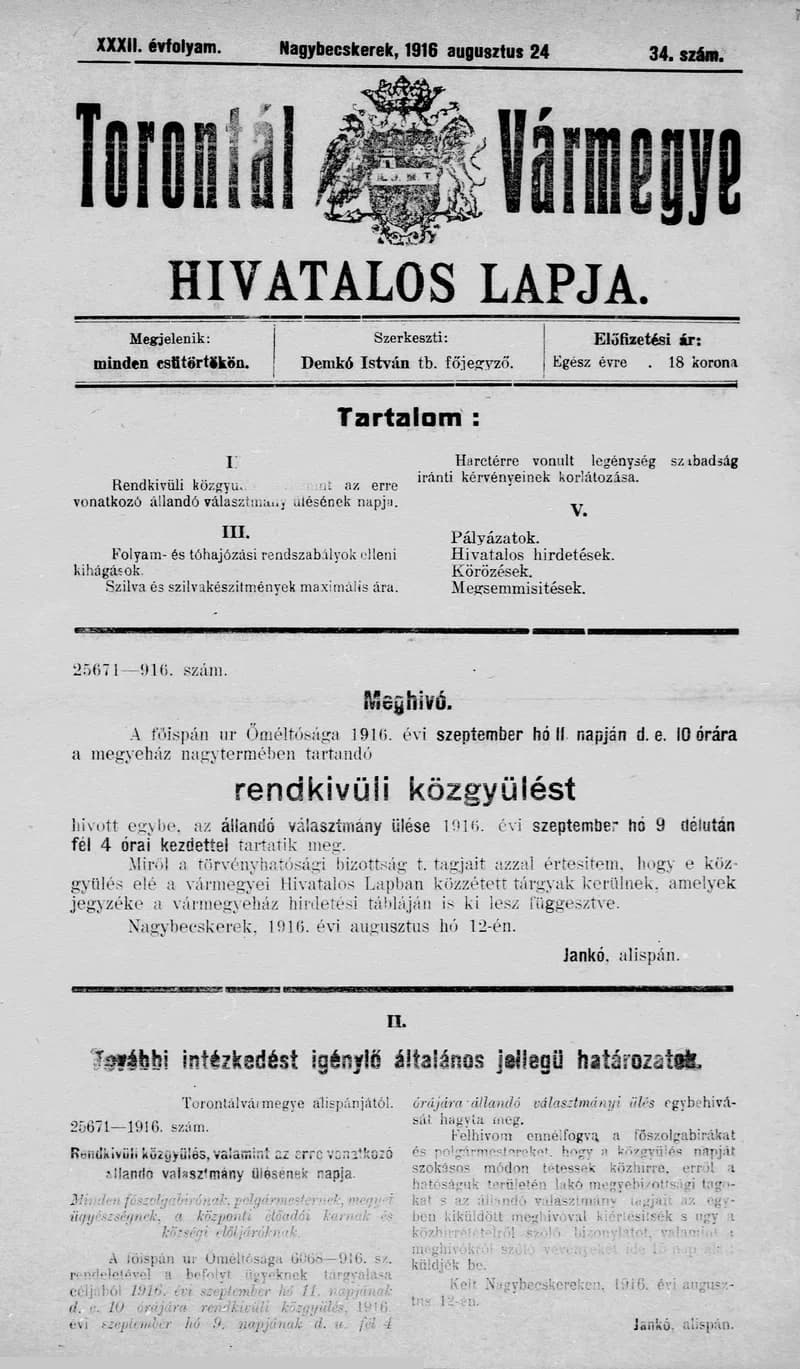 Torontál Vármegye Hivatalos Lapja, 32. évf. 1916. augusztus 24. 34. sz.