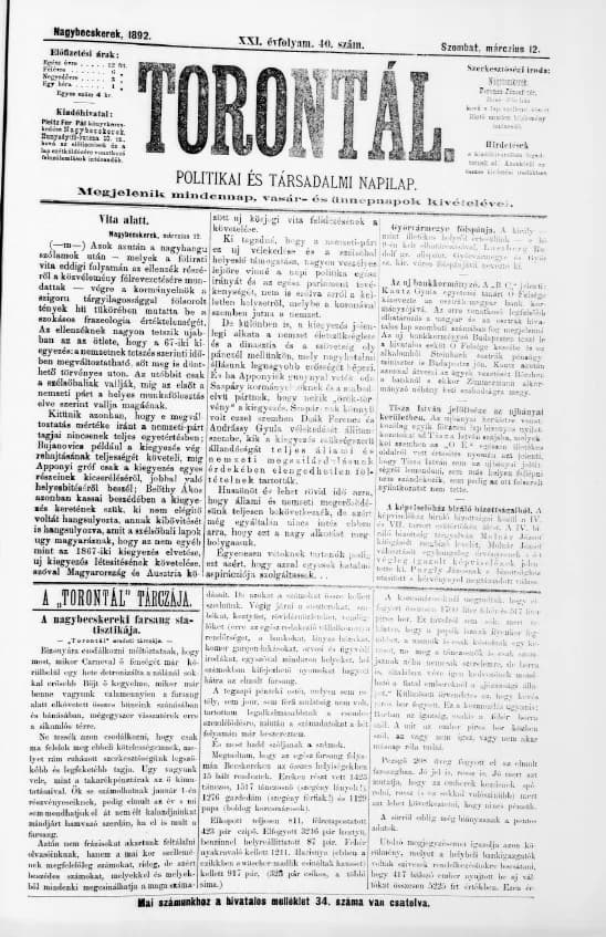 Torontál, 21. évf. 1892. március 12. 40. sz.