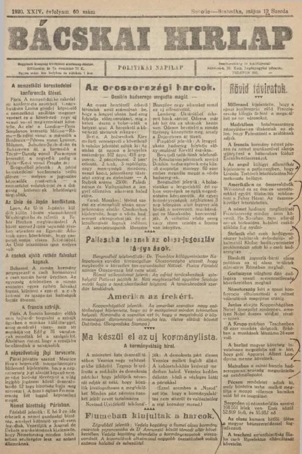 Bácskai Hirlap, 24. évf. 1920. május 12. 60. sz.