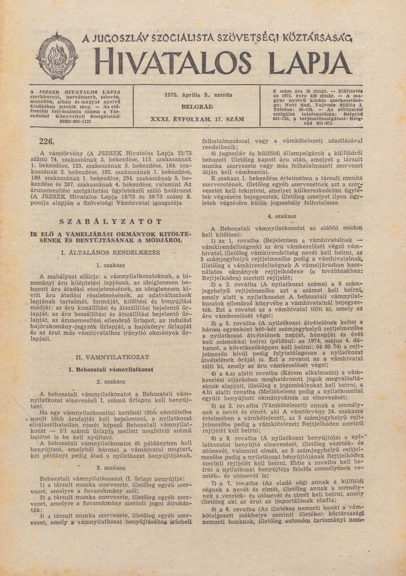A Jugoszláv Szocialista Szövetségi Köztársaság Hivatalos Lapja, 31. évf. 1975. április 9. 17. sz. 425–568. oldal