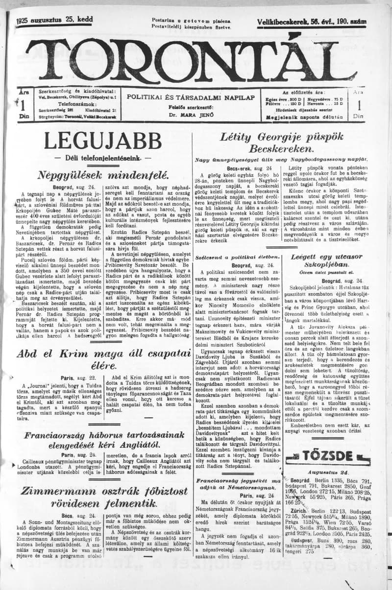 Torontál, 54. évf. 1925. augusztus 25. 190. sz.
