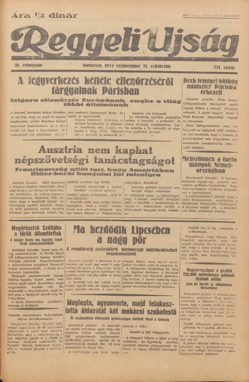 Reggeli Újság, 14. évf. 1933. szeptember 21. 221. sz.