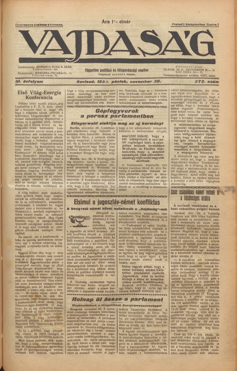 Vajdaság, 3. évf. 1923. november 30. 273. sz.
