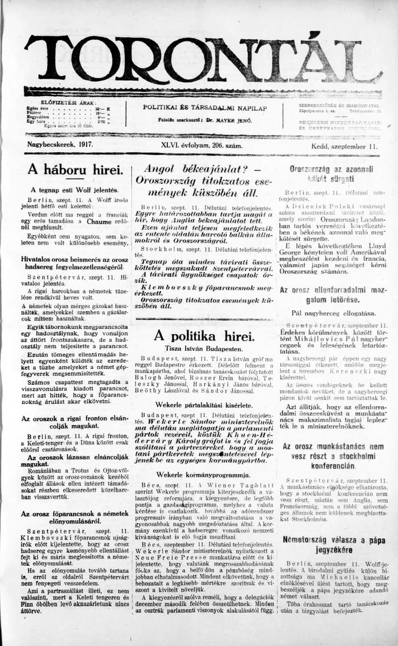 Torontál, 46. évf. 1917. szeptember 11. 206. sz.