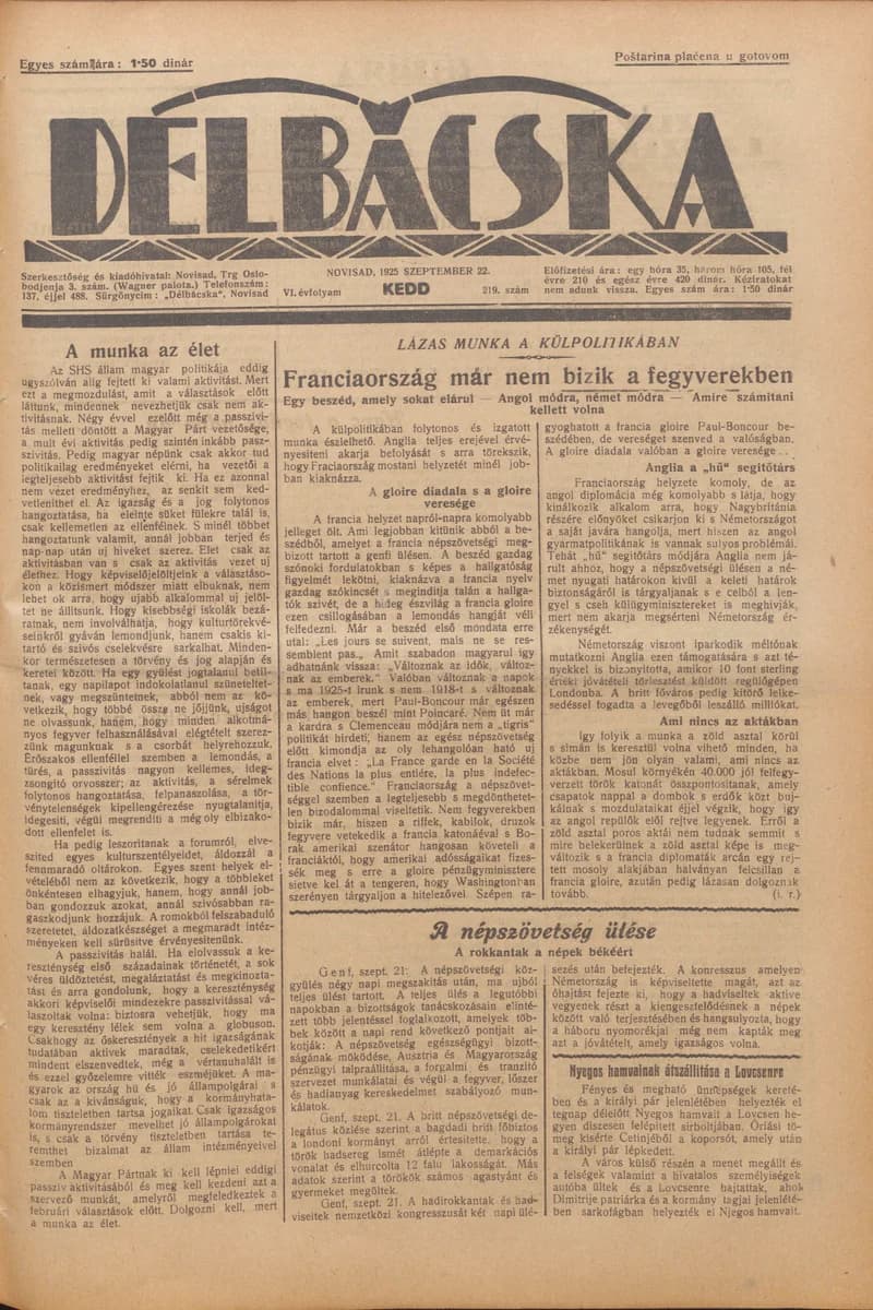 Délbácska, 6. évf. 1925. szeptember 22. 219. sz.