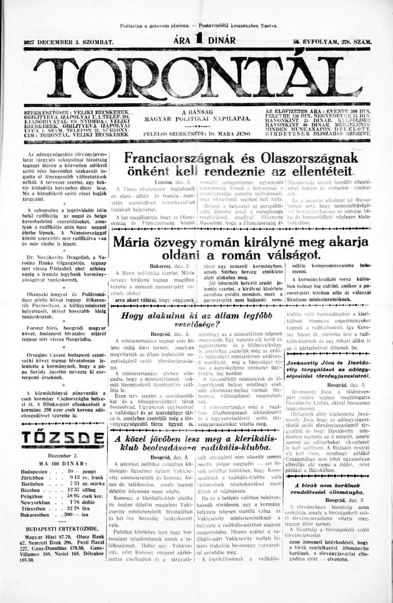 Torontál, 56. évf. 1927. december 3. 278. sz.