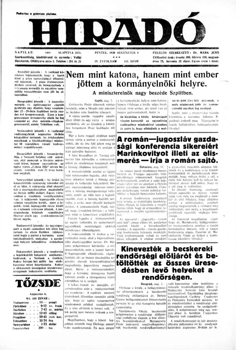 Híradó, 59. évf. 1930. augusztus 8. 182. sz.