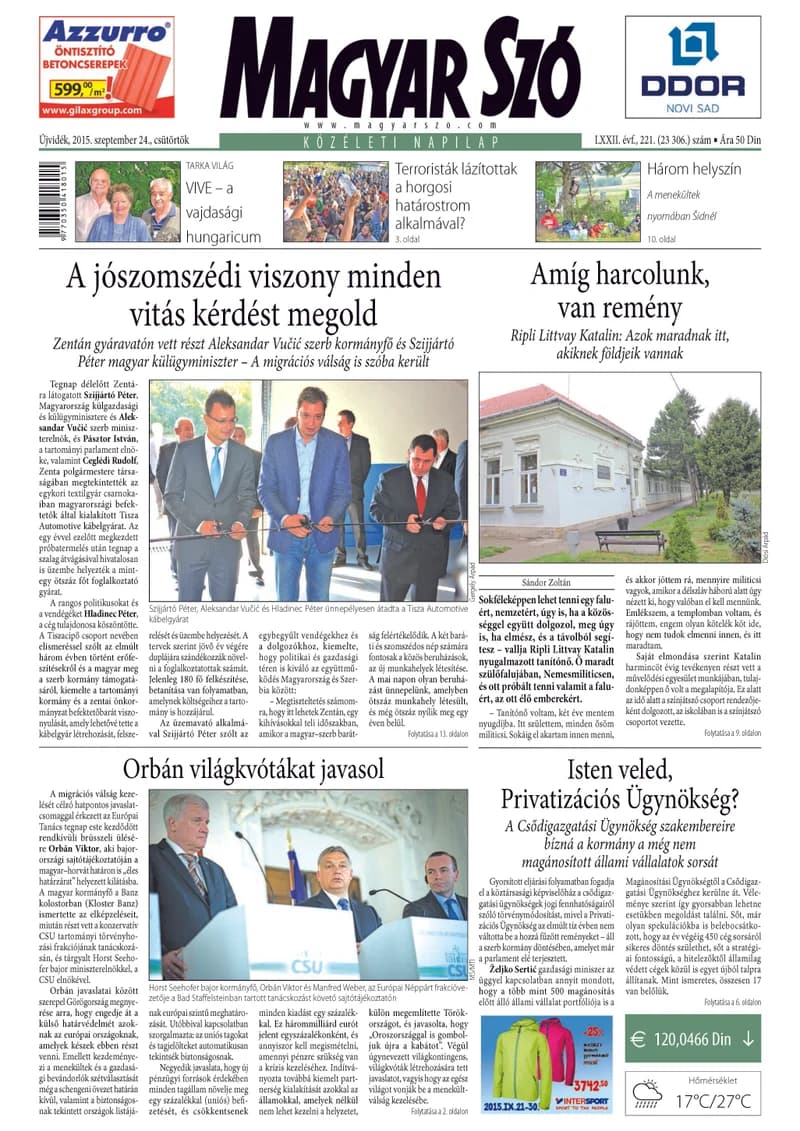 Magyar Szó, 72. évf. 2015. szeptember 24. 221. sz. 1–20. oldal