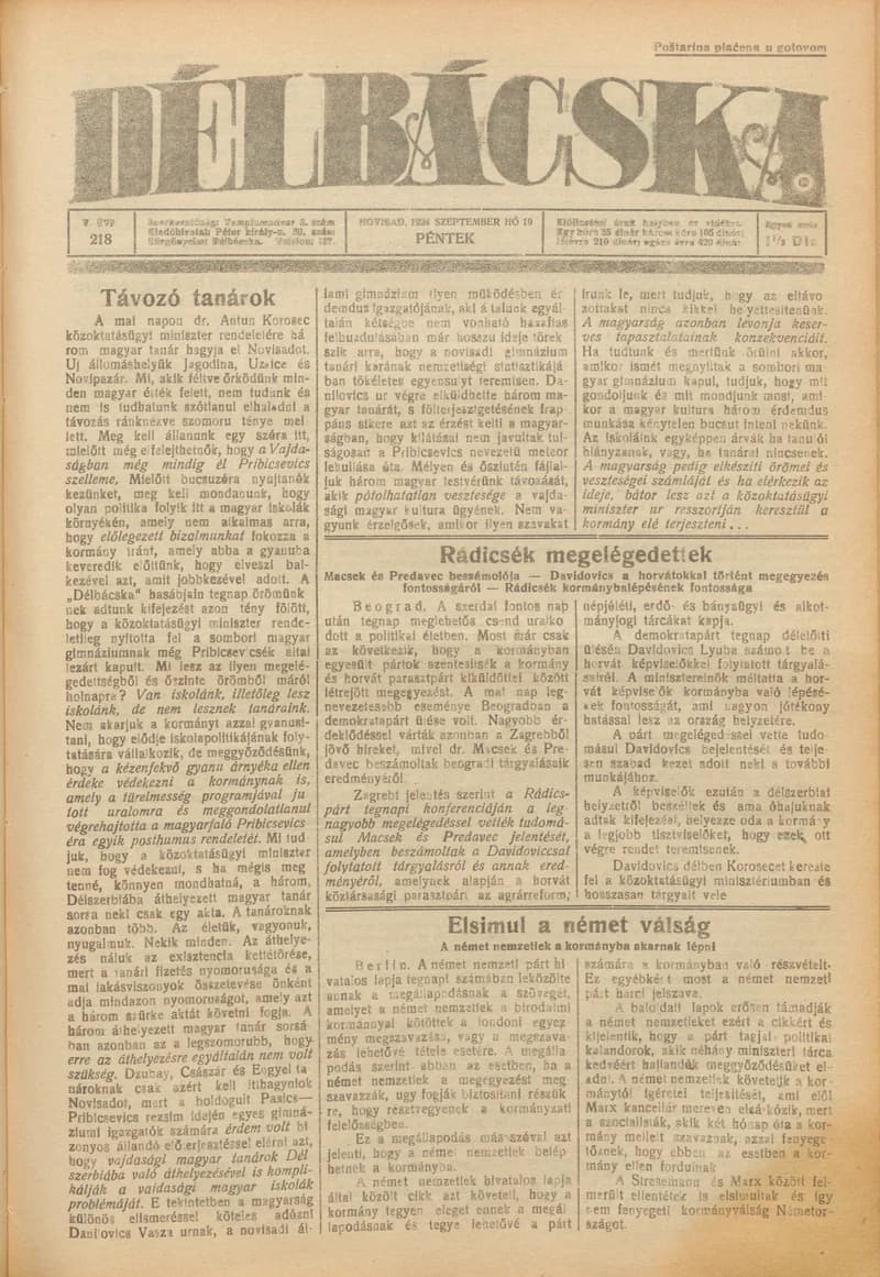 Délbácska, 5. évf. 1924. szeptember 19. 218. sz.