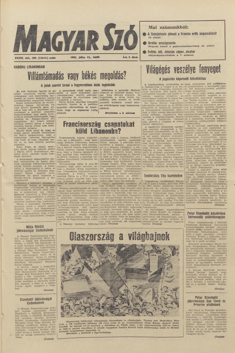 Magyar Szó, 39. évf. 1982. július 12. 189. sz. 1–8. oldal