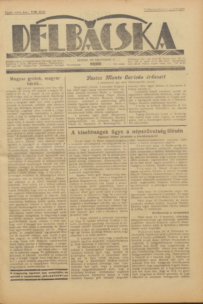 Délbácska, 6. évf. 1925. szeptember 15. 213. sz.