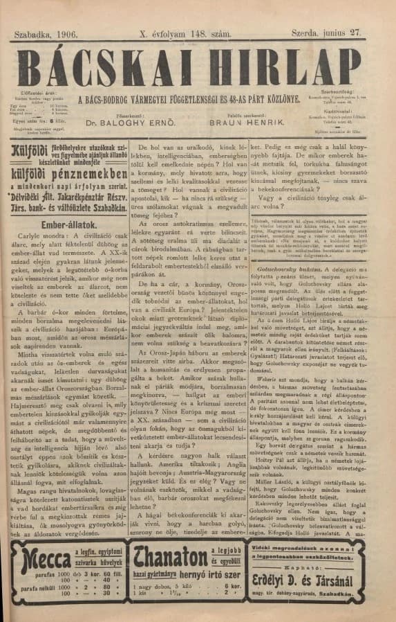 Bácskai Hirlap, 10. évf. 1906. június 27. 148. sz.