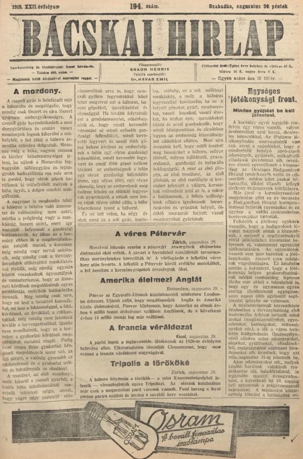 Bácskai Hirlap, 22. évf. 1918. augusztus 30. 194. sz.