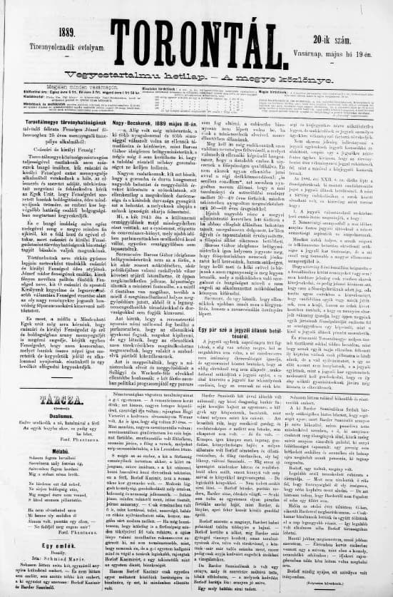 Torontál, 18. évf. 1889. május 19. 20. sz.
