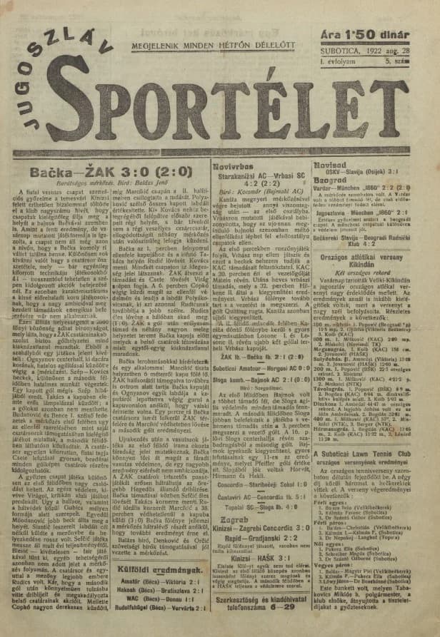 Jugoszláv sportélet, 1. évf. 1922. augusztus 28. 5. sz.
