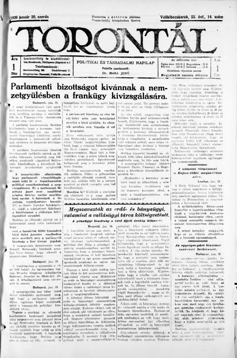 Torontál, 55. évf. 1926. január 20. 14. sz.