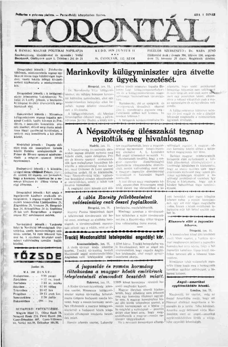 Torontál, 58. évf. 1929. június 11. 132. sz.