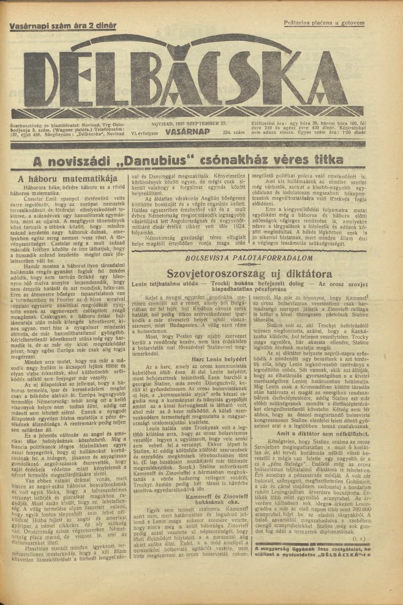 Délbácska, 6. évf. 1925. szeptember 27. 224. sz.