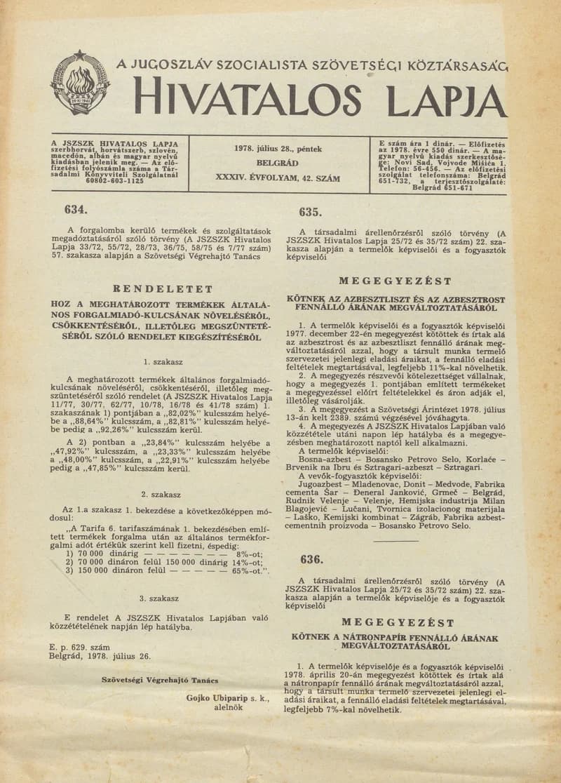 A Jugoszláv Szocialista Szövetségi Köztársaság Hivatalos Lapja, 34. évf. 1978. július 28. 42. sz. 1881–1884. oldal